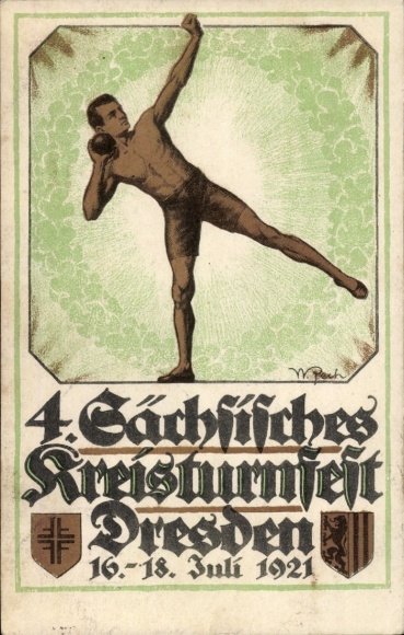 KP artystyczna W. Pech, Drezno, IV Saksonia. Okręgowy Festiwal Gimnastyki 1921, festiwalowa karta sportowa nr 1, Miotacz kulowy