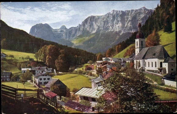 Postcard Ramsau in Berchtesgadener Land Upper Bavaria, partial view of the village, church, mountains