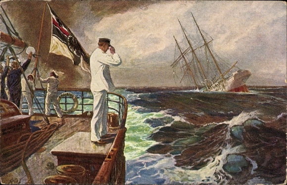 Artists Postcard Bohrdt, Hans, The Last Greetings, Lieutenant Hellmuth von Mücke, SMS Emden, SMS Ayesha