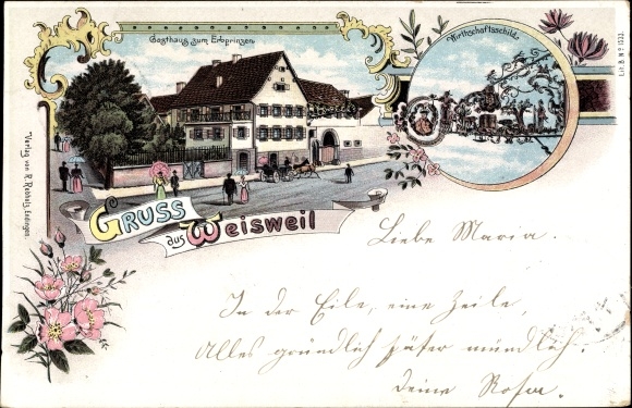 Chromo-Litho Weisweil in Baden, inn to the hereditary prince, economic sign