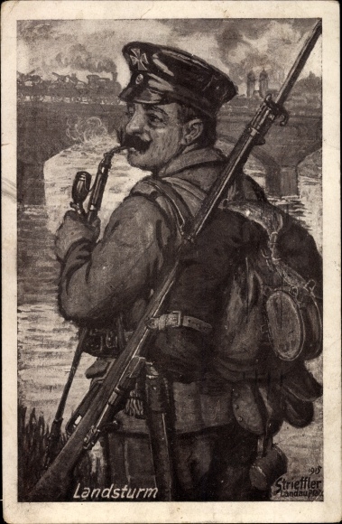 Artist PC Strieffler, Landsturm, German soldier in uniform with a pipe