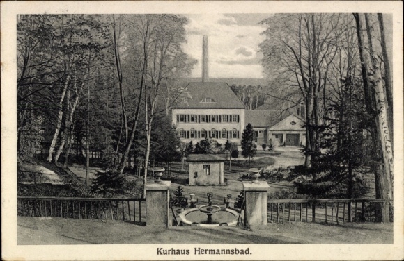 Ak Herrmannsbad Bad Lausick in Sachsen, Kurhaus Hermannsbad, Bäume, Weg, Brunnen
