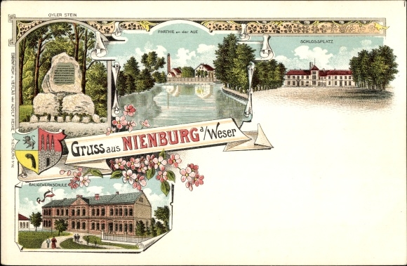 Chromo-Litho Nienburg an der Weser, Schlossplatz, building trade school, Oyler Stein, coat of arms
