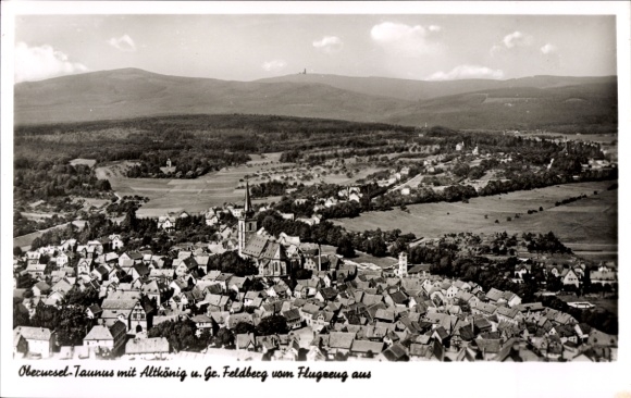 Postcard Oberursel in Taunus Hessen. Aerial view, general view, Großer Feldberg, Altkönig, church