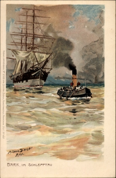 Artist Chromo-Litho Diemer, Zeno, Bark brought upstream by tugboat