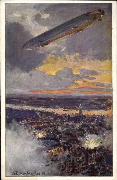 Kunstenaarskaart van Eckenbrecher, Themistocles, Zeppelin boven Antwerpen, slag, WOI