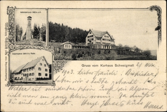 Postcard Schweigmatt Raitbach Schopfheim in Baden, Kurhaus Mahmohrturm, Black Forest, published by Karl