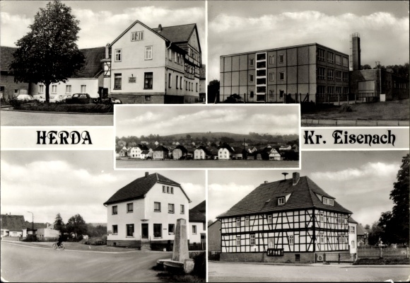 Postcard Herda Berka on the Werra, culture hall, restaurant, Fritz heritage high school, council of the community