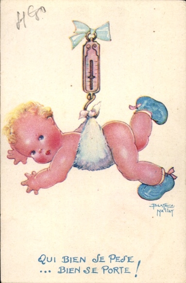 Artist Postcard Mallet, Beatrice, baby is weighed, child care