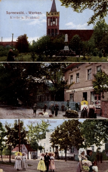 Postcard Werben in the Spreewald, church, monument, people in traditional costumes, Kauffmanns Hersch