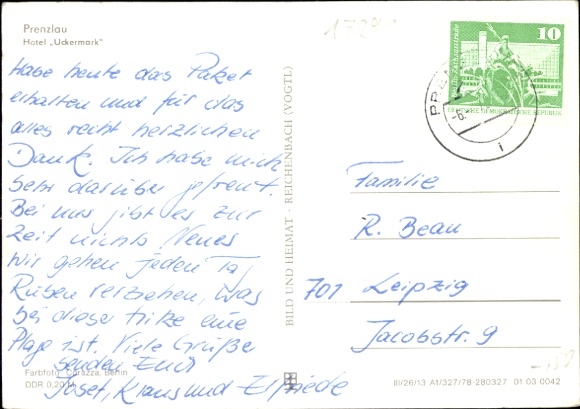 Postcard Prenzlau in the Uckermark, Hotel Uckermark, fountains, cars, people, architecture