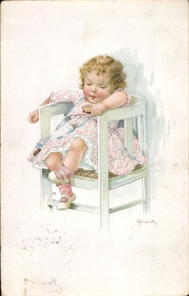 Artist Postcard Frank, Elly, girl sleeping on a chair
