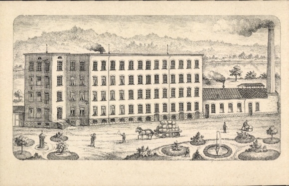 Postcard Werdau in Saxony, carded yarn spinning mill, buckskin & skirt fabric factory Gabriel Schön