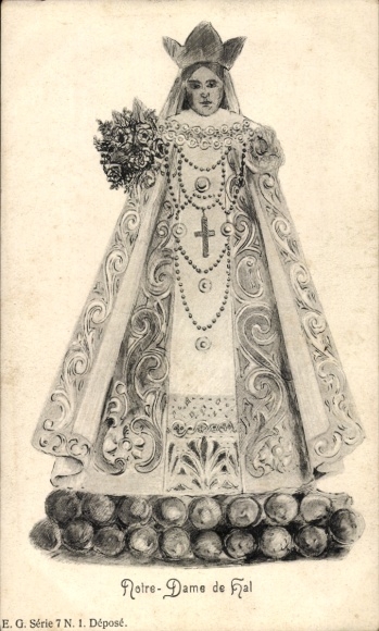 Postcard Notre Dame de Hal, miraculous image, bouquet of flowers