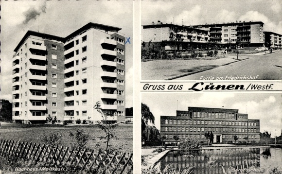 Postcard Lünen in Westphalia, Friedrichhof, vocational school, Molkestraße high-rise