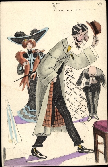 Artist Postcard man raises his hat in greeting, butler bows, lady with hat