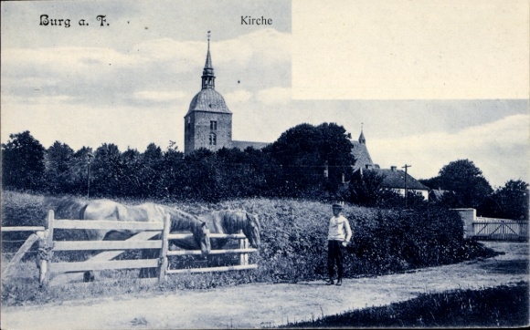 Ak Burg im Spreewald, kerk, weide, twee paarden, man op het pad