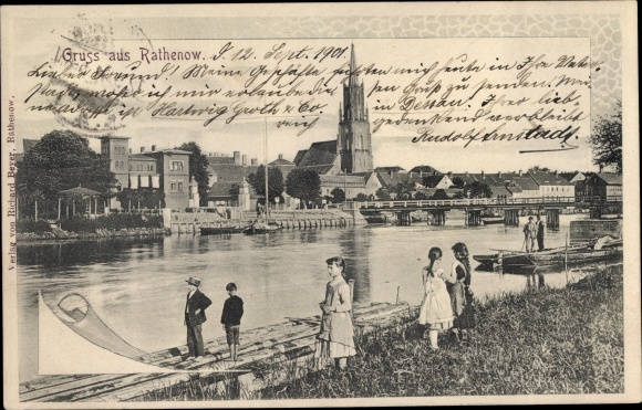 Ak Rathenow in Havelland, uitzicht op de stad, kerk, kinderen, vlot