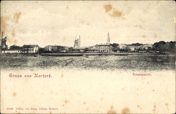 Ak Nortorf in Holstein, Totalansicht der Ortschaft, Windmühle