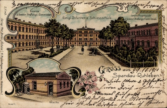 Chromo-Litho Berlin Spandau Ruhleben, barracks, Kgl. Infantry shooting school, rifle examination commission