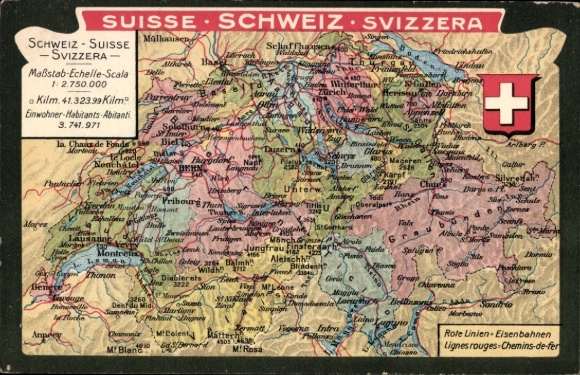 Maps Postcard Switzerland, railway lines