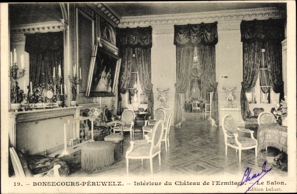 Postcard Bon Secours Bonsecours Péruwelz Hennegau, Interior of the Hermitage Castle, the Living Room