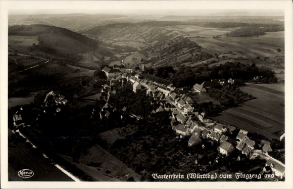 Postcard Bartenstein Schrozberg in Württemberg, aerial view of buildings and landscape