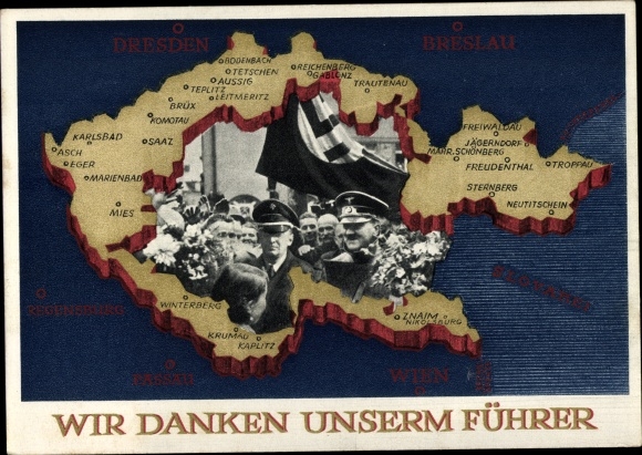 Postal stationery Postcard We thank our leader, Sudetenland, Bohemia, Moravia, Hitler