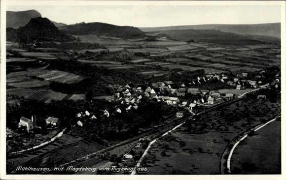 Postcard Mühlhausen in Thuringia, aerial view of Magdeberg in the background, -