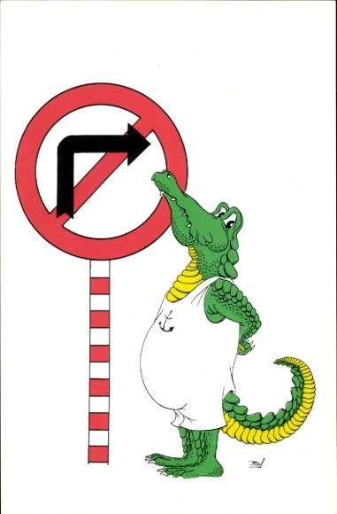 Artist Postcard Humanized crocodile in a swimsuit on a traffic sign, Esperanto