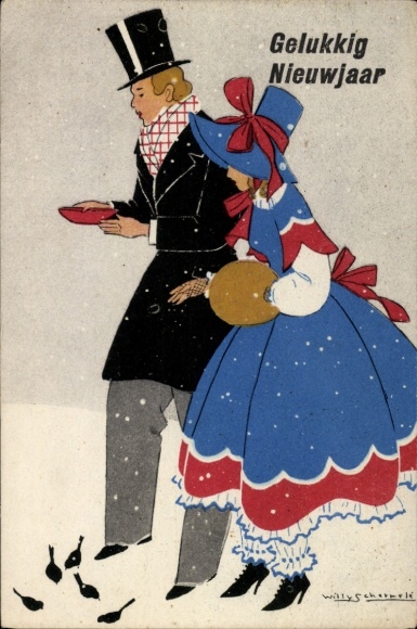 Artist Postcard Schermelé, Willy, Man and woman feeding birds in winter