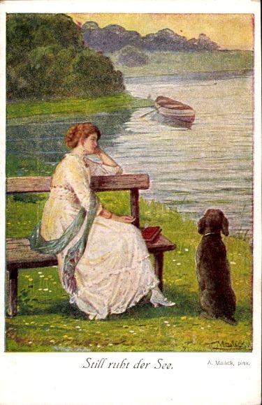 Künstler Ak Mailick, Still ruht der See, Frau, Hund