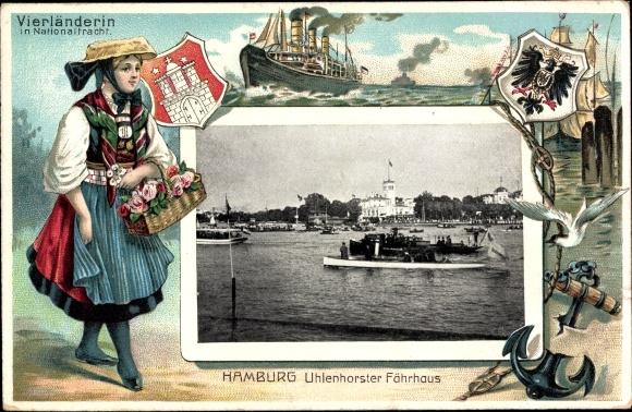 Embossed coat of arms passepartout PC Hamburg North Uhlenhorst, ferry house, four-country woman in costume, steamer