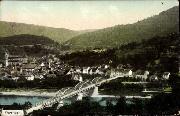Postcard Eberbach am Neckar Odenwald Baden, city view with river, bridge, hills, church