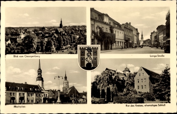 Ak Spremberg in der Lausitz, wapenschild, Lange Straße, marktplein, stadsdeelraad, voormalig kasteel