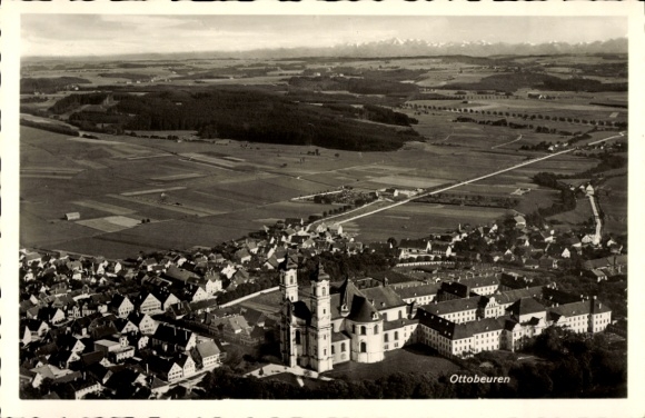 Postcard Ottobeuren in Upper Swabia Allgäu, aerial view of monastery complex, rural area, black and white
