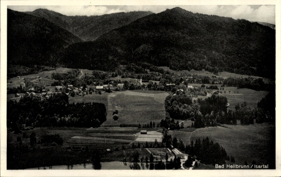 Postcard Bad Heilbrunn in Upper Bavaria, landscape photo, hills, fields, village, black and white photo