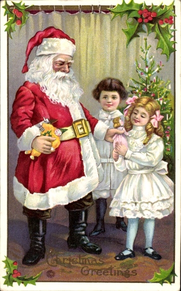 Ak Vrolijk Kerstfeest, de Kerstman geeft cadeautjes aan kinderen, kerstboom, hulst
