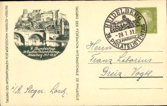 Papeteria pocztowa KP GS DR PP 111 C3 01, 38. Niemieckie Święto Filatelistów Heidelberg 1932