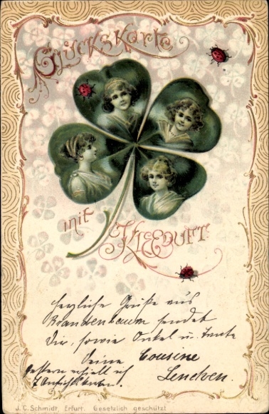 Embossed Chromo-Litho lucky card with clover scent, women in clover, ladybird