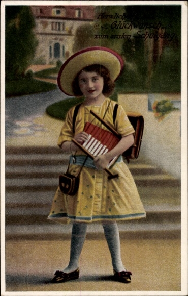 Postcard Congratulations on your first day of school, girl with slide rule