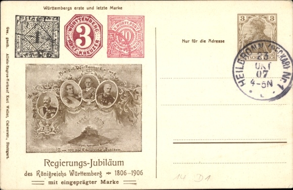 Postwaardestuk ansichtkaart verjaardag van de regering van het Koninkrijk Württemberg 1906