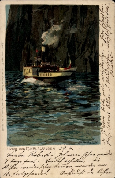 Kunstenaar litho Diemer, Zeno, Riva del Garda Zuid-Tirol, onder de Ponale-muren, stoomboot