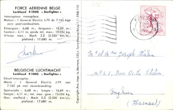 Postcard Belgian Military Aircraft, Belgian Air Force, Lockheed F 104G Starfighter, FX40