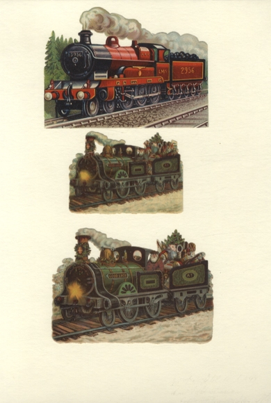 3 Oblaten Lokomotiven, Weihnachtsmänner in Lokomotiven mit Spielzeug, ca. 9 x 12 cm bis 6 x 8,5 cm