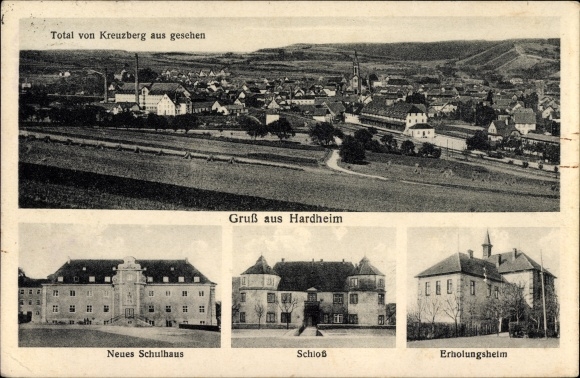 KP Hardheim im Odenwald Baden, dom rekonwalescencji, zamek, szkoła, widok całości z Kreuzbergu