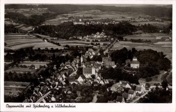 Postcard Oppenweiler in Württemberg, aerial photograph, Reichenberg, Wilhelmsheim