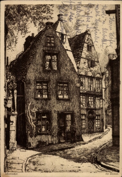 Artist Postcard Hanseatic City of Bremen, view of the old town, Schumacher, advertising Eduscho coffee