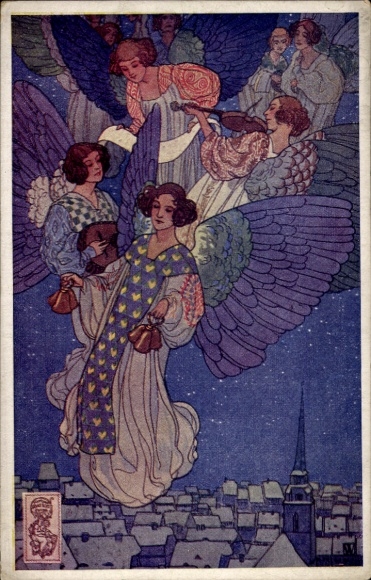 Greeting card Happy New Year, celebrating angels, bells, violin