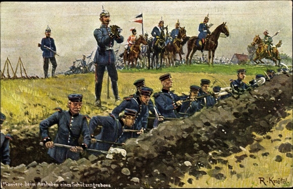 Artist PC Knötel, R., Pioneers digging a trench, German soldiers in the I. WW